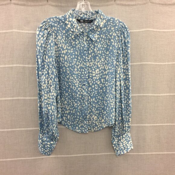 Zara Lapel collar top with long sleeves Leopard print blue Size Small - Picture 2 of 4